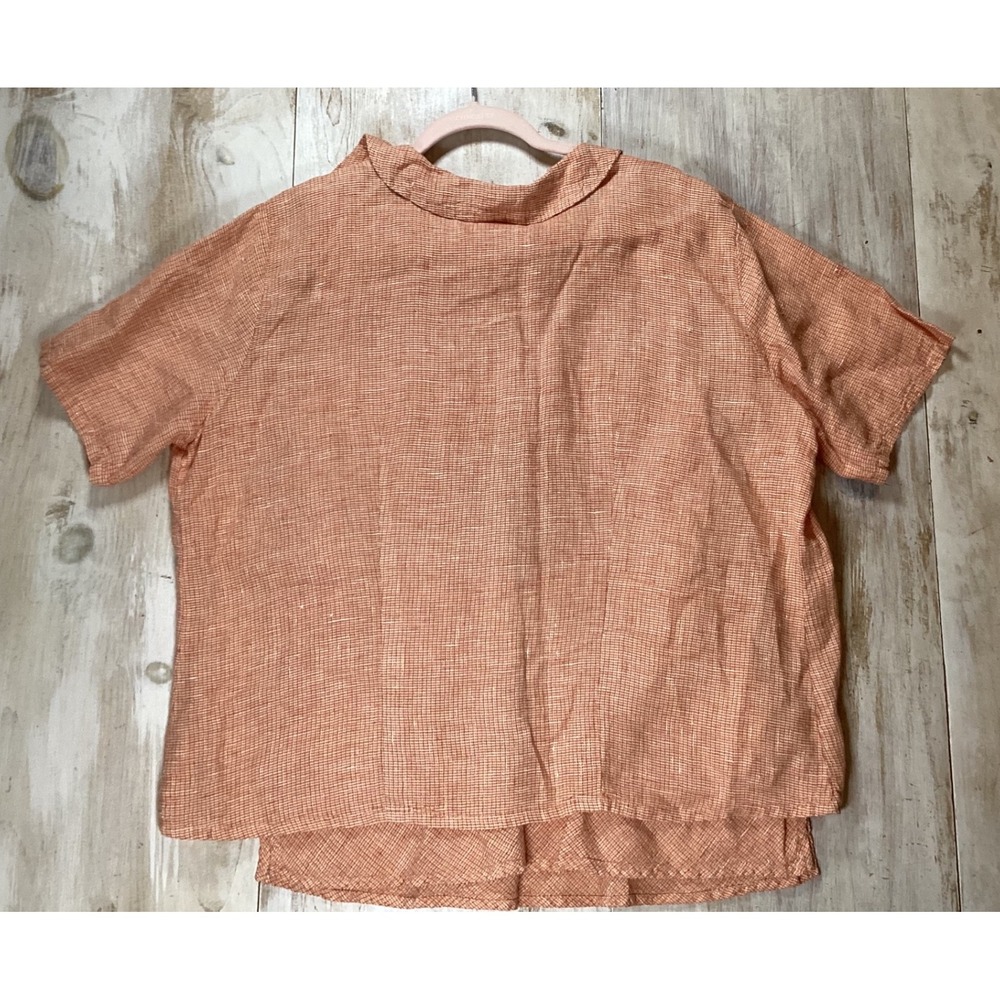 FLAX Linen 2 Piece Shirt and Tank Top Orange Grid Plaid Womens Large Minimalist - Picture 2 of 9